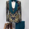 Herrenanzüge Blazer Blauer Jacquard Herrenanzüge Slim Fit 3-teiliges Jacke-Weste-Hosen-Set Hochzeit Bräutigam Smoking Formeller Business-Mann-Blazer Kostüm Homme 231101