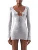 Casual Dresses Women Sequined Long Sleeve Drawstrings Solid Color Street Party Short Dress