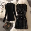 Two Piece Dress Vintage Mid-length 75cm Plaid Tweed Vest Jacket Women 2 Piece Set Elegant Pearl Button Belted V Neck Waistcoat Knitted Sweater 231031