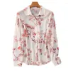 Kvinnors blusar Spring Autumn Polo-Neck Pink Floral Printing Sweatshirt Damer Långärmad elegant mode All-Match-knappar Blus Top