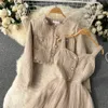 2023 Zweiteiliges Kleid Frühling Herbst Elegantes 2-teiliges Set Overalls Kleid Frauen Bogenkragen Weißes Hemd Top Unregelmäßiger Blumendruck V-Ausschnitt Weste Kleid