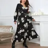 Plus Size Dresses Elegant Maxi For Women V Neck Long Sleeve Flower Print Dress Autumn Winter Party