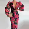 Podstawowe sukienki swobodne Kobiety seksowne przycisk Wschodniowy sukienka Party Elegancka Elegancka nadruk Slim Maxi sukienka Sprężyna Summer Casual Long Tlee Vestido 231101