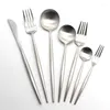 Dijkartikelen Sets Hikuui Roestvrij staal Floodset Silver Metal Matte mes Vork lepel Keergaskit Western Kitchen Accessoires