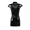 Nuisette Sexy col haut PVC Latex Faux cuir fétiche gothique fermeture éclair femme Mini à lacets Clubwear robe crayon noire 199k