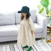 Mädchen Kleider Herbst Koreanischen Stil Retro Kinder Mädchen Baumwolle Leinen Kleid Seitlichen Vorderteil Mantel Langarm Robe Reine Farbe Kinder