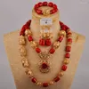 Halsband örhängen set mode nigeria bröllop pärlor afrikanska brud orange naturliga koralltillbehör smycken au-445