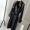 Women's Leather Faux Jackets Women Black Lapel Double-breasted With Belt Long Trench Coat Jacket Temperament Outerwear