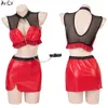 Ani Halloween Demon Women Red Leather Mesh Deep V-Neck Uniform Traction Collar Cosplay Costumes Cosplay