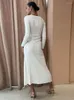 Casual Dresses Ribbed Knit Full Sleeve Twist Knot Cut Out Dress Lady O-Neck Elegant Sexig Split Vestidos Women Fashion Vacation Party