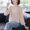 Damenpullover 2023 Frühling Herbst Chiffon Langarm Patchwork Strickpullover Frauen Vintage V-Ausschnitt Dünne lose Mode Pullover Strickwaren