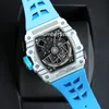 RM35-03 Wit koolstofkwarts TPT Herenhorloge Automatisch opwindbaar Luxe blauwe sporthorloges Skeleton Dial Zwitsers Tonneau-polshorloge Saffierkristal Waterdicht