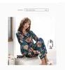 Women's Sleepwear Spring And Autumn Pajamas Women Ice Silk Thin Section Flowers Plants Long-sleeved Trousers Loose Korean Home Service Suit