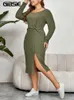 Plus Size Jurken Gibsie Dames 2023 Herfst Twist Front Geribbelde Gebreide Bodycon Jurk Vrouwen Casual Effen O-hals Lange Mouw split