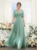 New Sage Evening Dress 2024 A-Line V-Neck Half Sleeves Split Side Floor Length Chiffon Formal Party Prom Gowns Custom Size Robe De Soiree