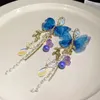 Stud Blue Butterfly Drop Earring For Women Imitation Pearl Crystal Long Tassel Chain Party Wedding Jewelry Gifts 231101