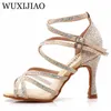 Chaussures de danse wuxijiao chaussures de danse latin femme salsa satin chaussures de danse satin glitter hignestone professionnel chaussures de danse salle de bal.