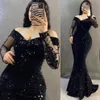 Glitter Sequins Mermaid Black Evening Dress 2024 Off The Shoulder Long Sleeves Women Formal Plus Size Prom Birthday Party Gown Robe De Soiree