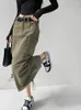 Skirts American Style Retro Solid Color Women Cargo Denim High Waist Multi-Pocket Drawstring Tie Up Mid-long Streetwear