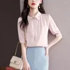 Blouses pour femmes été coréen Satin femmes chemise imprimé tempérament bureau dame à manches courtes boutonné Camisas Mujer dames hauts