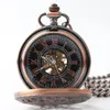 Zegarki kieszonkowe Wysokiej jakości steampunk czerwony brązowy, pusty mechaniczny zegarek mechaniczny vintage rzymski tarcza mężczyzn prezent z łańcuchem