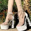 Sandalet Yüksek 3675 Topuk Peri Kızın İnci Boncuklu Platformu Tıknaz Boncuk Kolye Zincirleri Veet Kristal Püskül Tek Çizgi Lolita Ayakkabıları