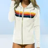 エレガントなレインボーストライプジップアップ秋のフーディーカジュアルルーズフード付きポケット長袖トップ女性ファッションパッチワークスウェットシャツXXL W6651672