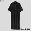 エスニック服2023イスラム教徒の男性Jubba Thobe Solid Button yimono Middle Robe Saudi Man Shirt Stand Collar IslamaChavic Kaftan Abayas