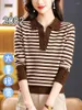 Frauen Pullover Korea Stil V-ausschnitt Druck Gestreiften Chic Mädchen Herbst Gestrickte Pullover Büro Dame Arbeit Mode Frauen Frühling Casual