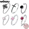 Solitaire Ring WOSTU 925 Sterling Silver Cross Love Heart Band Rings For Women s925 Black Rose Red Pink CZ Jewelry Wedding Accessories Gift 231031