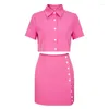 Work Dresses 2023 Sensual Sexy Pink Short Sleeve Polo Neck Shirt Top Suit Summer Button Wrap Hip Half Dress Party Nightclub Mini 2pcs Set