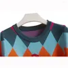 Women's Sweaters Summer Spring Colorful Argyle Sequines Knitted Pullover Women Fashion Casual Cartoon O-Neck Puff Short Sleeve Ladies