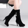 Stiefel Vrouwen Laarzen Damen Klassisch Hohe Qualität Schwarz Flock Absatz Dame Lässig Weiß Party Lang G60261