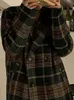 Damen Wollmischungen Lautaro Herbst Winter Langer übergroßer karierter Trenchcoat für Frauen Zweireihiger lockerer lässiger grüner Tweedmantel Koreanische Mode 231031