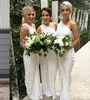 2023 One-Shoulder-Brautjungfernkleider in Champagner, drapiertes Satin, langes Elfenbein-Lila-Partykleid, geteilte Trauzeugin-Kleider für Hochzeitsgäste
