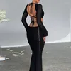 Casual Dresses Fall Winter V Neck Plunge Sticked Cut Out Dress Outfits For Women Party BodyCon Long Sleeve Maxi Bandage