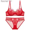 Conjunto Sexy Logirlve Conjunto de Roupa Interior Transparente Ultrafino Fio Líquido Sutiã Vermelho Mulheres Lingerie Sexy Plus Size CD Cup Conjunto de Sutiã Renda BordadoL231101