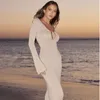 Casual Dresses Brilliant Silk Long Sleeve Bandage V-Neck Maxi Dress For Women Autumn Hollow Out Party Clubwear Outfits