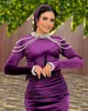 Robe de soirée en velours violet, style sirène, avec perles, manches longues, plissée, traîne de balayage, robe de bal musulmane