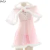 Ani anime conto de fadas menina rosa com capuz vestido traje cosplay feminino malha peludo camisola pamas uniforme outfit cosplay