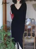 Vestidos casuais outono magro vestido francês mulheres cor sólida doce senhoras elegante brilhante vermelho preto apertado quadril malha feminino