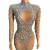 Vêtements de scène soirée anniversaire célébrer maille Stretch danse manches longues robe clignotant argent cristaux pierres Sexy Transparent