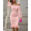 Casual Dresses 2023 Autumn Glitter Off Shoulder Feather Trim Party Dress Elegant Women Cold Long Sleeve Midi Sexy Robes