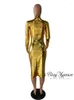 Abiti casual Moda oro argento aderente cocktail sexy party elegante abito longuette olografico metallizzato a maniche lunghe slim fit da donna