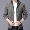 Men's Sweaters Men's Hooded Knitwear Autumn Winter Fleece Thick Wool Sweater Warm Slim Fashion Striped Cardigan Jacket Casual Coat