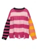 Женские свитера, вязаный свитер с отверстиями, женский свитер с высокой талией и принтом в полоску, женский пуловер, топ с длинными рукавами и круглым вырезом, свободные женские бедра