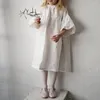 Flickaklänningar 2023 Ancobear Spring Autumn Cotton Linen Dress for Baby Girls Korea Fashion Kid Puff Sleeve Casual Loose Children Outfit