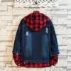 Herenjacks mannen plaid splice splitsing jas streetwear hip hop heren heren met een kapje mannelijke casual losse bovenkleding lente mode slanke jas