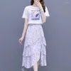 Work Dresses Two Piece Suit 2023 Summer Womens Outfits Korean Style Dress Suits Printed Short Sleeved T Shirt Chiffon Fishtail Skirt