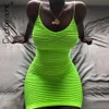 Cryptographique Néon Vert Mode Froncé Spaghetti Sangle Robe Femme Moulante D'été Sexy Sans Manches Mini Robes Party Club 322p